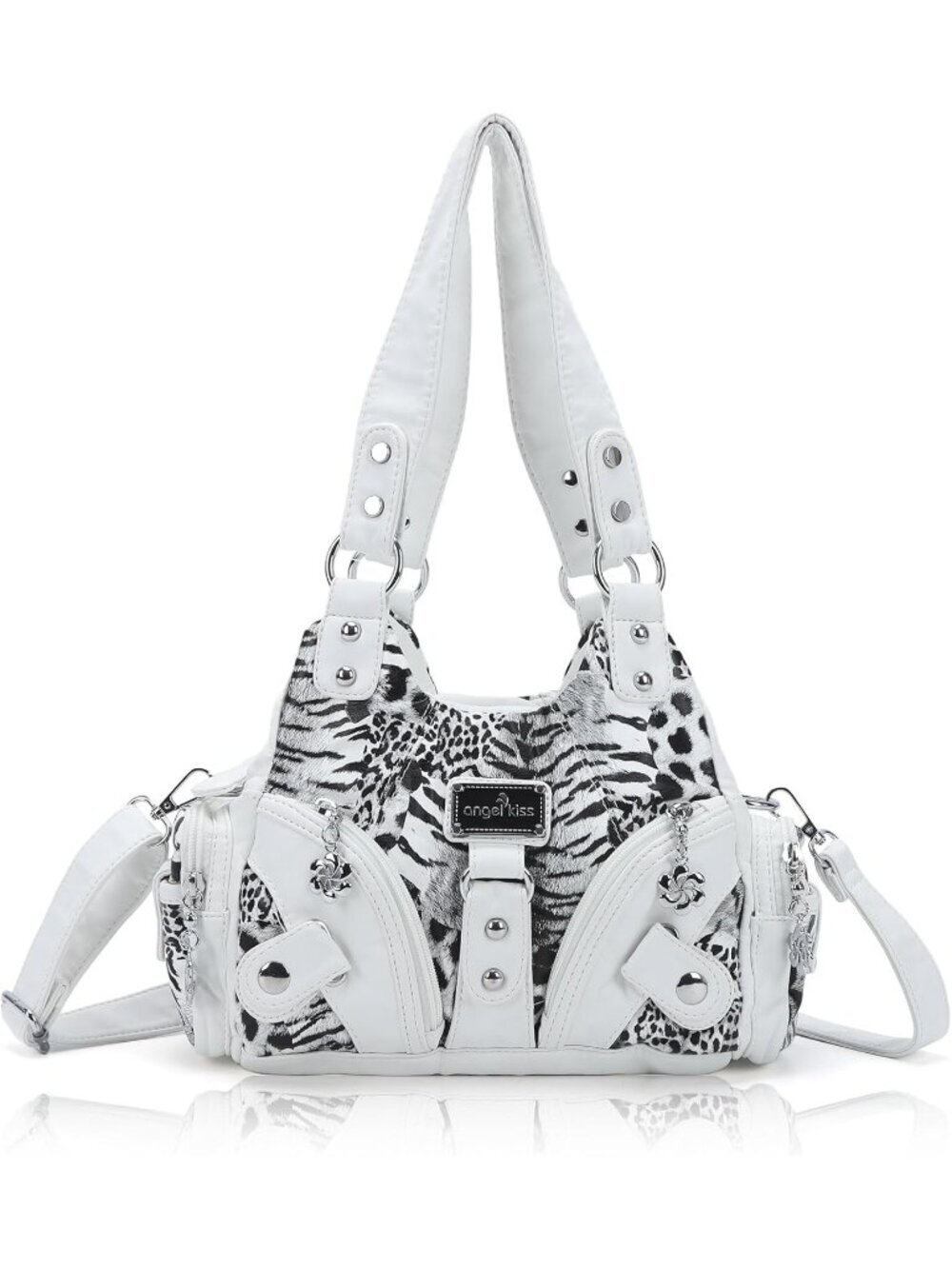 Women's Leopard White PU leather Zipper Multi-Pocket Small Hobo Shoulder Bag